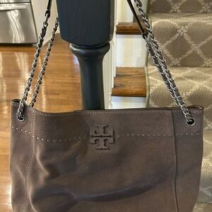 Tory Burch McGraw Chocolate Brown Suede Slouchy Chain Shoulder Bag